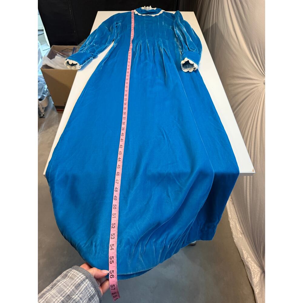 Vintage Handmade Blue Velvet Maxi Dress Lace Trim Prairie Victorian Cottagecore - Picture 10 of 16